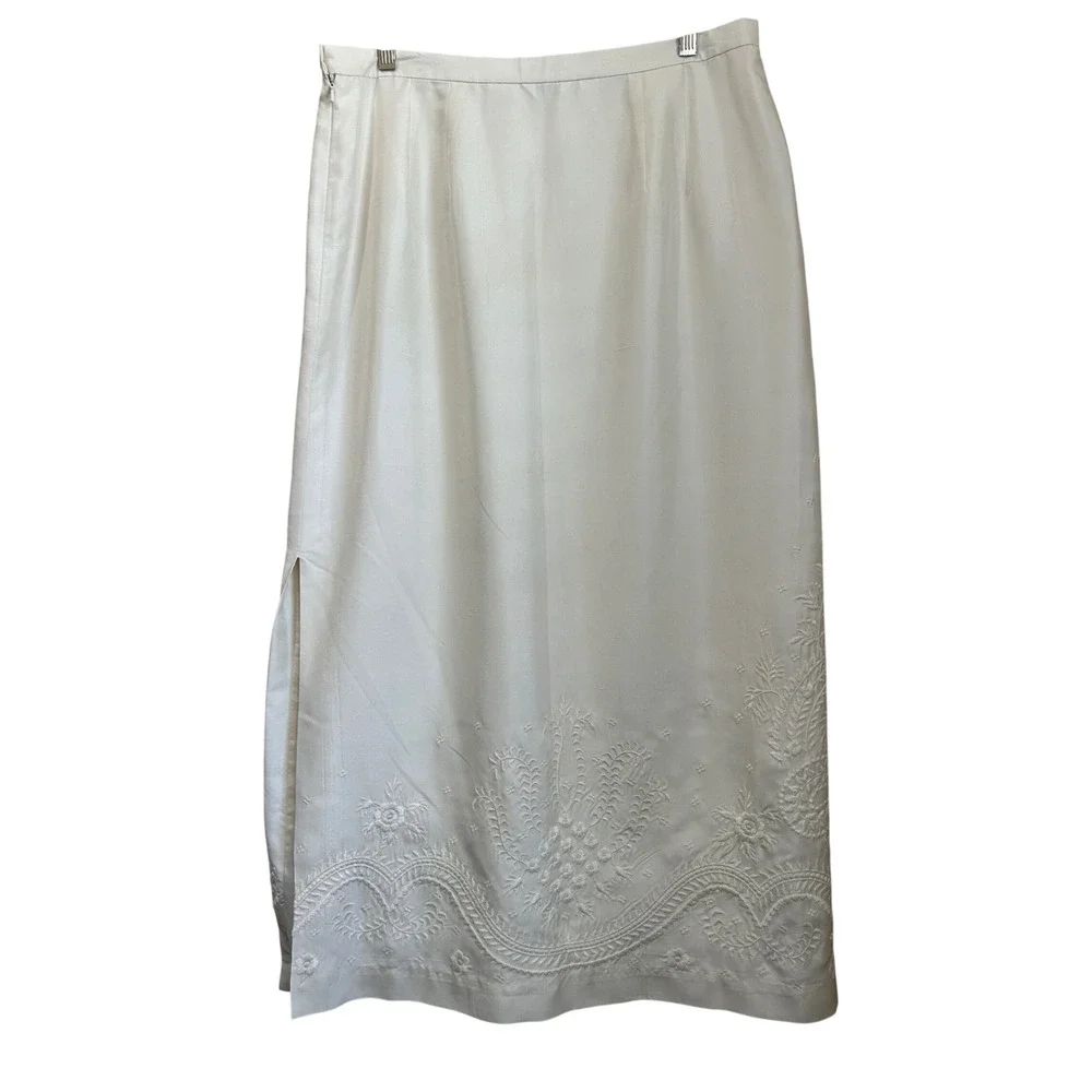 Talbots Pure Silk Maxi Skirt Ivory Embroidered Floral Paisley Side Slit Size 16
